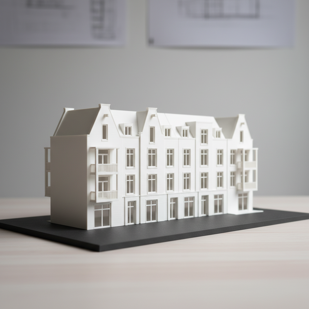 A refined product spotlight of a custom 3D-printed architectural model, ideal for a portfolio or B2B page. In the center stands a detailed, matte white scale model of a contemporary Dutch townhouse row, with precise window frames, balconies, and rooflines, all exhibiting subtle layer texture. It is placed on a dark charcoal presentation board atop a pale wood table, creating strong visual contrast. Soft, directional studio lighting from the right casts delicate shadows that enhance the model’s depth and precision. The background is a softly blurred, light grey gradient wall with hints of technical drawings pinned in the distance. Photographic realism, shot from a slightly low angle to give the model presence, evoking a serious, professional atmosphere focused on high-quality, made-to-order 3D printing services.