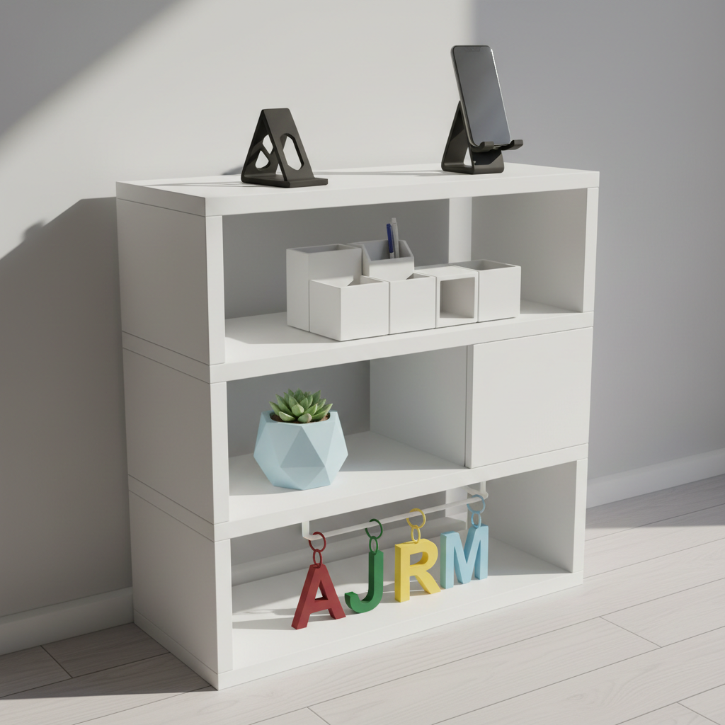 A curated collection of finished 3D-printed products arranged on a clean white shelving unit in a bright, modern showroom. On the shelves stand a matte black phone stand, a smooth white desk organizer with modular compartments, a pastel blue planter with a faceted surface, and a set of interlocking keychains showing different initials, highlighting personalization. The room has light grey walls and a pale wood floor, evoking a minimalist Dutch interior. Soft studio lighting from above and the left casts gentle, controlled shadows, revealing textures without harsh contrast. Photographic realism, shot from a slightly elevated angle with sharp focus throughout, creating a calm, organized, and professional atmosphere suitable for a high-end 3D-print webshop homepage.