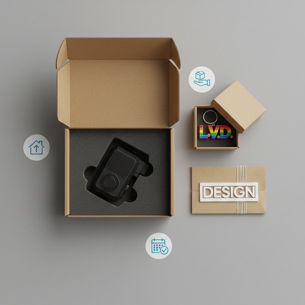 An elegant, photographic top-down view of a packaging scene for 3D-printed orders, emphasizing professional fulfillment. On a neutral grey work surface lies an open, unbranded cardboard box with a snug custom-cut insert holding a jet-black 3D-printed gadget, perfectly protected. Beside it are a smaller box containing a colorful personalized keychain and a slim, flat parcel with a white 3D-printed nameplate. Minimal, abstract icons printed on stickers hint at Dutch-language shipping and handling without showing actual text. Soft overhead studio lighting creates even illumination and delicate shadows along the box edges. The mood is orderly, reliable, and businesslike, suggesting a trustworthy webshop. Everything is crisply in focus, with a clean, modern aesthetic and plenty of negative space for potential overlay elements.
