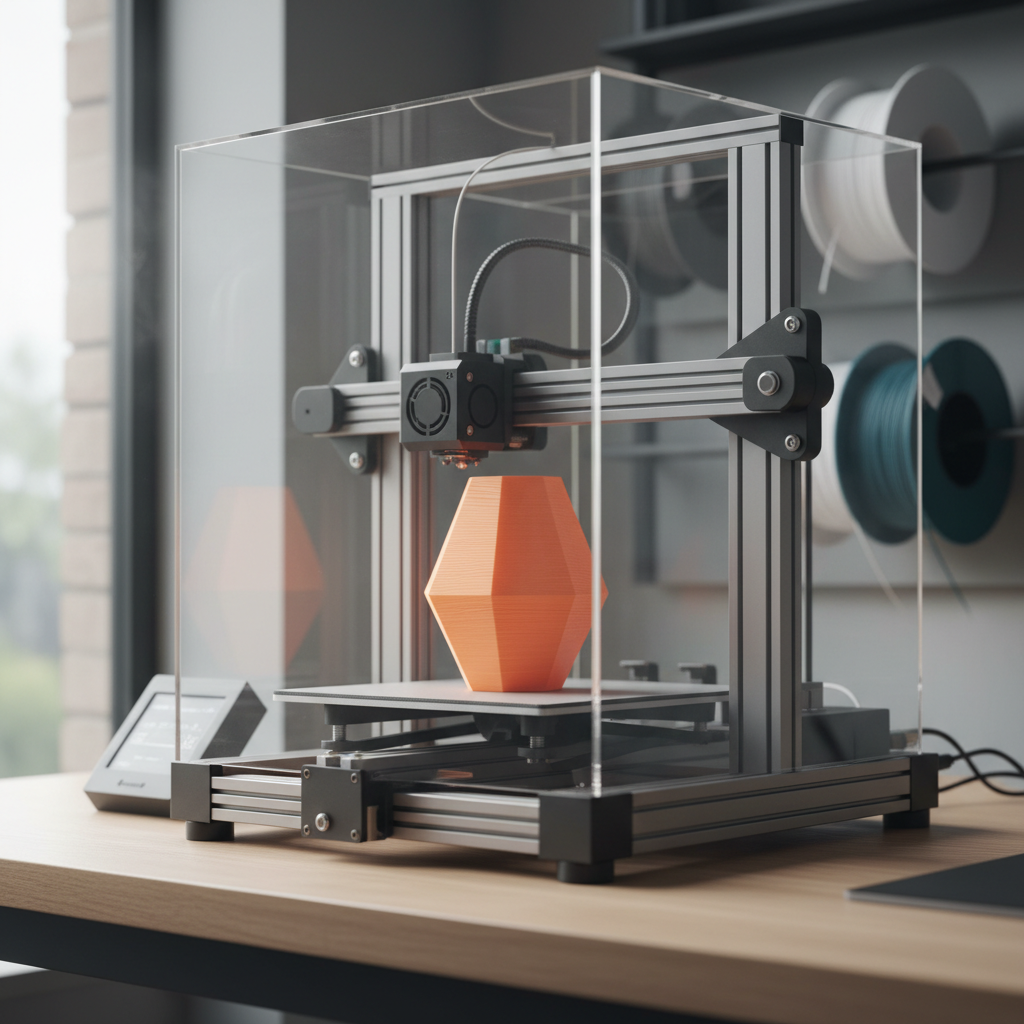 A close-up, photographic image of a sleek FDM 3D printer mid-process, printing a vibrant orange geometric vase with crisp, visible layer lines. The printer sits on a spotless light oak worktable in a modern studio, surrounded by neatly organized spools of filament in subtle colors like charcoal, white, and teal. Soft, diffused daylight enters from a large unseen window, creating gentle reflections on the printer’s metal rails and transparent enclosure. The mood is professional and high-tech yet approachable. Shot at eye level with shallow depth of field, the printed object is in razor-sharp focus while the background softly blurs, emphasizing precision, quality, and Dutch webshop–style efficiency in photographic realism.