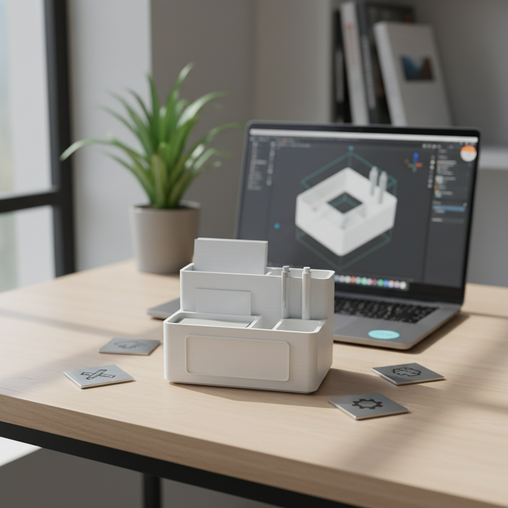 A stylish workstation displaying the customization process for a 3D-printed product, captured in photographic realism. On a pale wooden desk rests a slim, modern laptop showing a blurred interface with a 3D model preview, while in front of it lies a freshly printed, matte white prototype of the same object: a compact desk organizer with customizable nameplate area. Around it, discreet icons etched on small plaques suggest upload and design options without using readable text. Cool, diffused daylight from a side window illuminates the scene, creating soft shadows and subtle highlights on the plastic surface. The composition uses the rule of thirds, focusing on the prototype in sharp detail while the laptop and background fade into a gentle bokeh, conveying a calm, efficient, made-to-order workflow for Dutch customers.